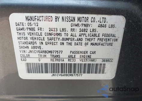 2012 Infiniti G37X from USA, damaged, VIN JN1CV6AR8CM977577